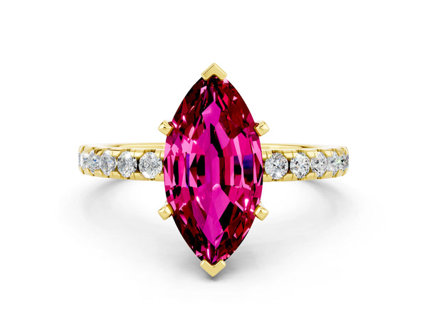 Yellow gold Marquise Cut Garnet Solitaire Ring with Round Pavé Band and Four-Prong Setting