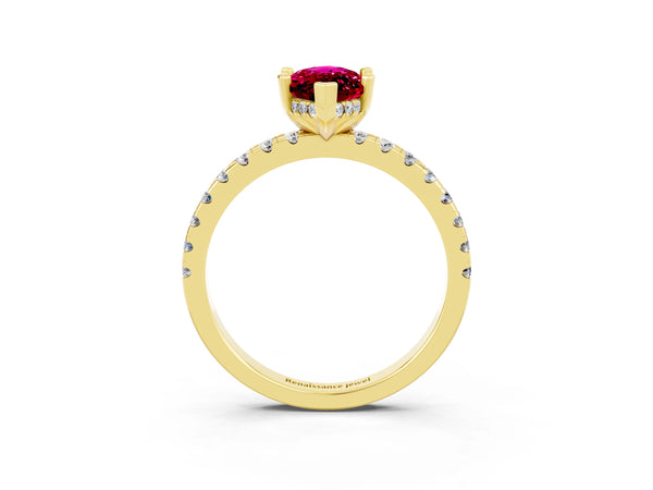 Yellow gold Marquise Cut Garnet Solitaire Ring with Round Pavé Band and Four-Prong Setting