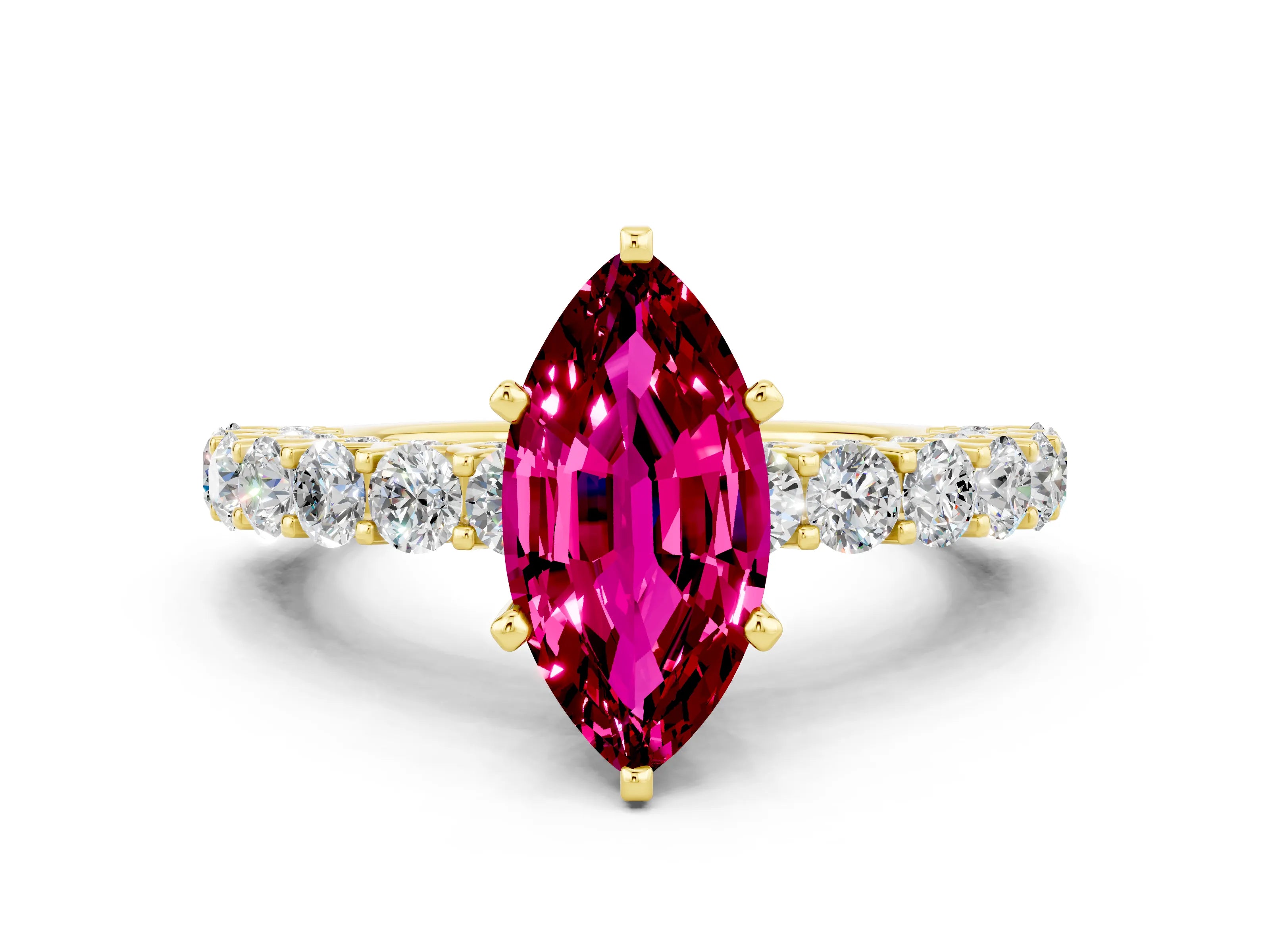 Yellow gold Marquise Cut Garnet Solitaire Ring with Shared Prong Pavé Band and Four-Prong Setting