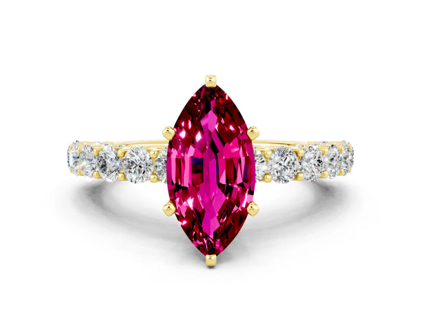 Yellow gold Marquise Cut Garnet Solitaire Ring with Shared Prong Pavé Band and Four-Prong Setting