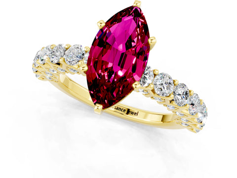 Yellow gold Marquise Cut Garnet Solitaire Ring with Shared Prong Pavé Band and Four-Prong Setting_1
