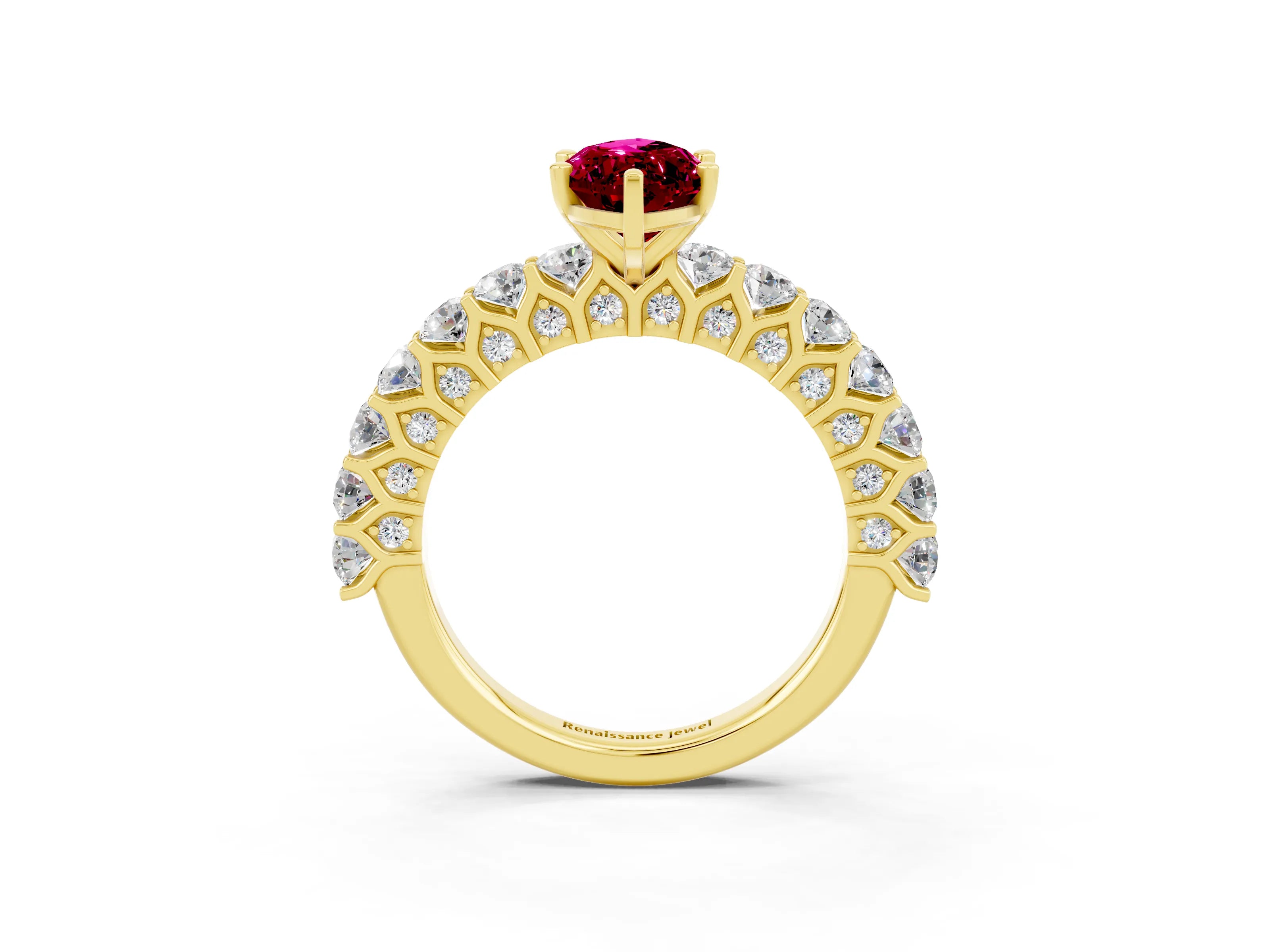 Yellow gold Marquise Cut Garnet Solitaire Ring with Shared Prong Pavé Band and Four-Prong Setting_3