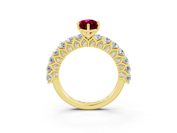 Yellow gold Marquise Cut Garnet Solitaire Ring with Shared Prong Pavé Band and Four-Prong Setting