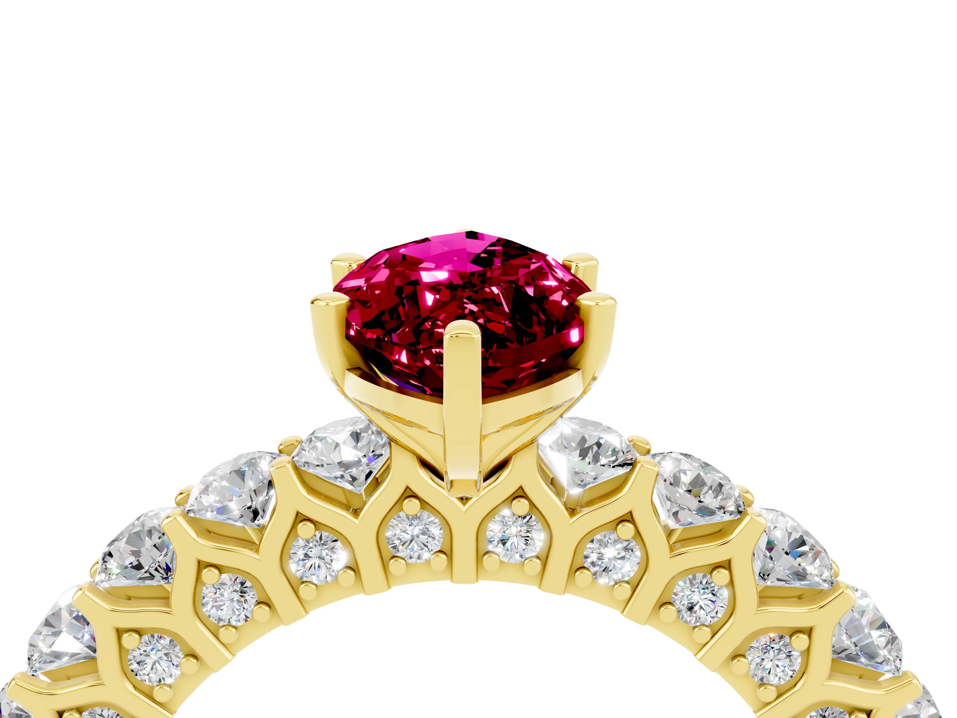 Yellow gold Marquise Cut Garnet Solitaire Ring with Shared Prong Pavé Band and Four-Prong Setting_4