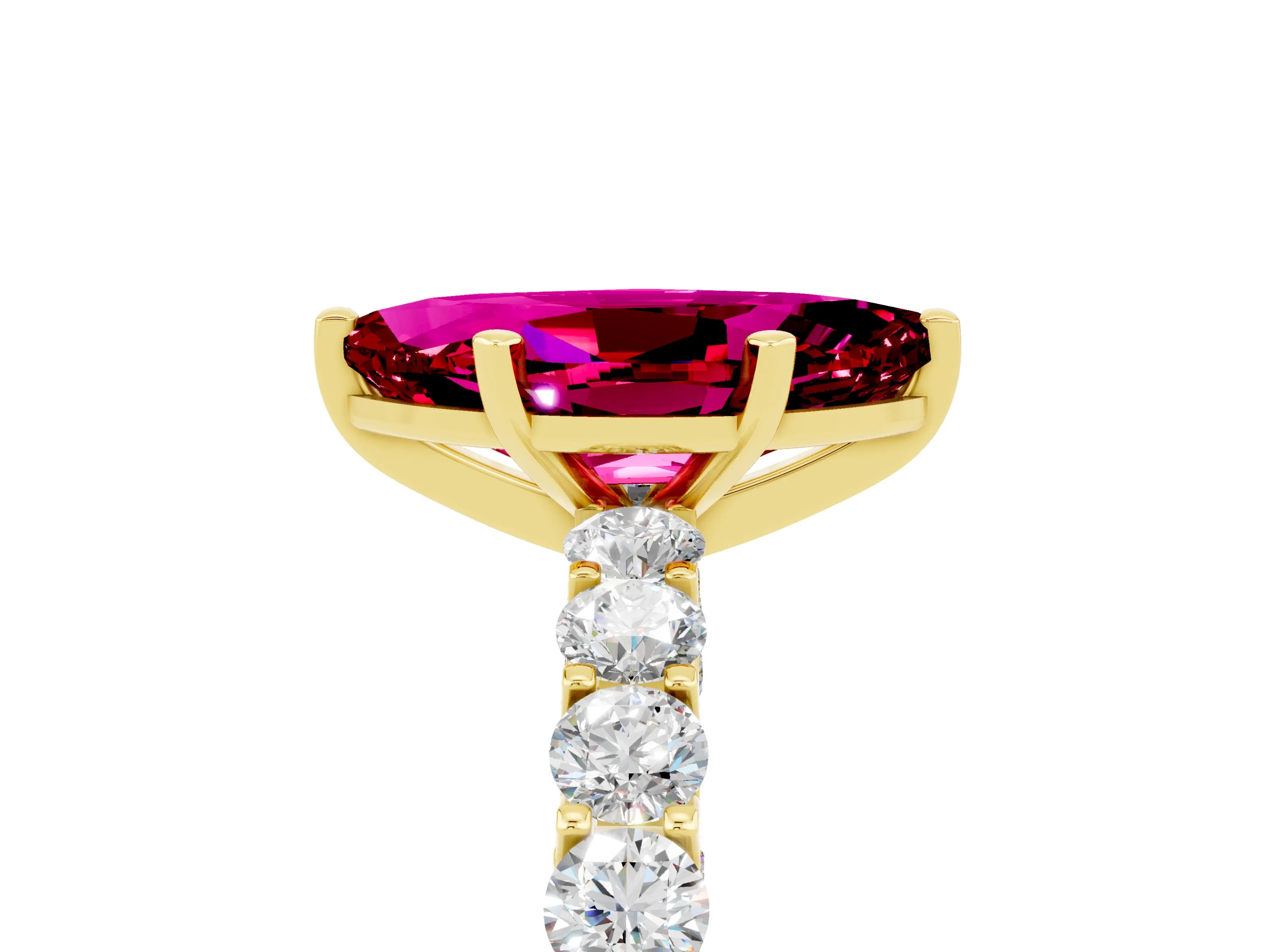 Yellow gold Marquise Cut Garnet Solitaire Ring with Shared Prong Pavé Band and Four-Prong Setting_5