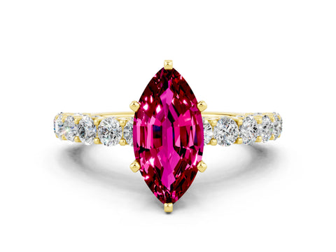 Yellow gold Marquise Cut Garnet Solitaire Ring with Shared Prong Pavé Band and Four-Prong Setting