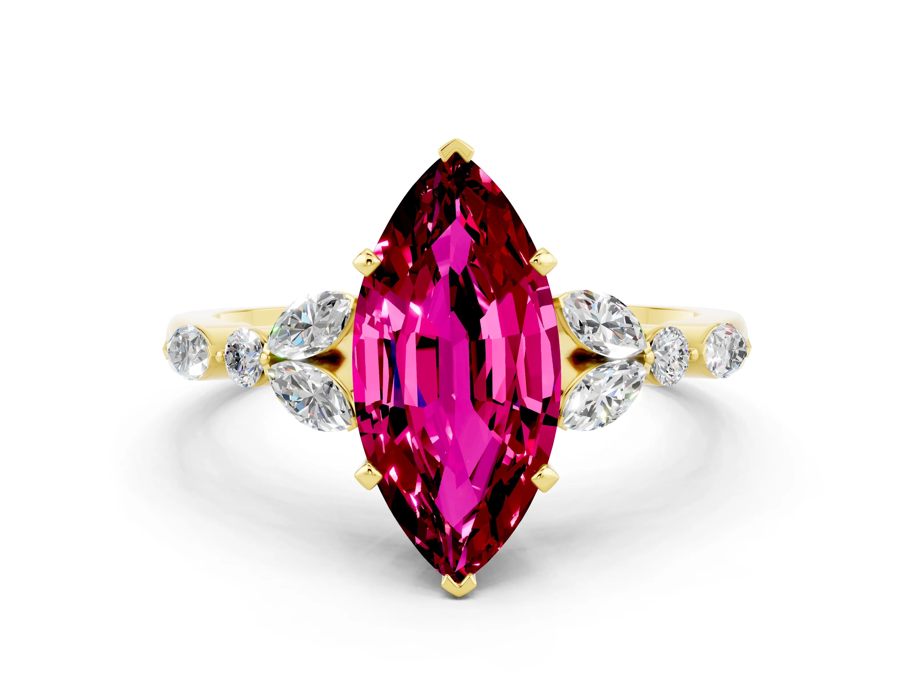 Yellow gold Marquise Cut Garnet Solitaire Ring with Side Stones and Four-Prong Setting_12
