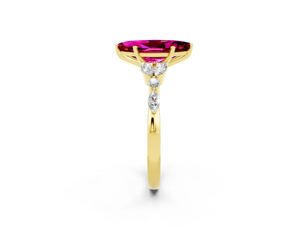 Yellow gold Marquise Cut Garnet Solitaire Ring with Side Stones and Four-Prong Setting