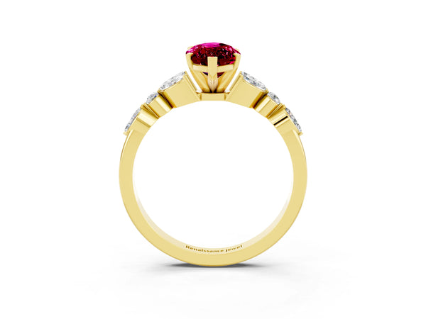 Yellow gold Marquise Cut Garnet Solitaire Ring with Side Stones and Four-Prong Setting