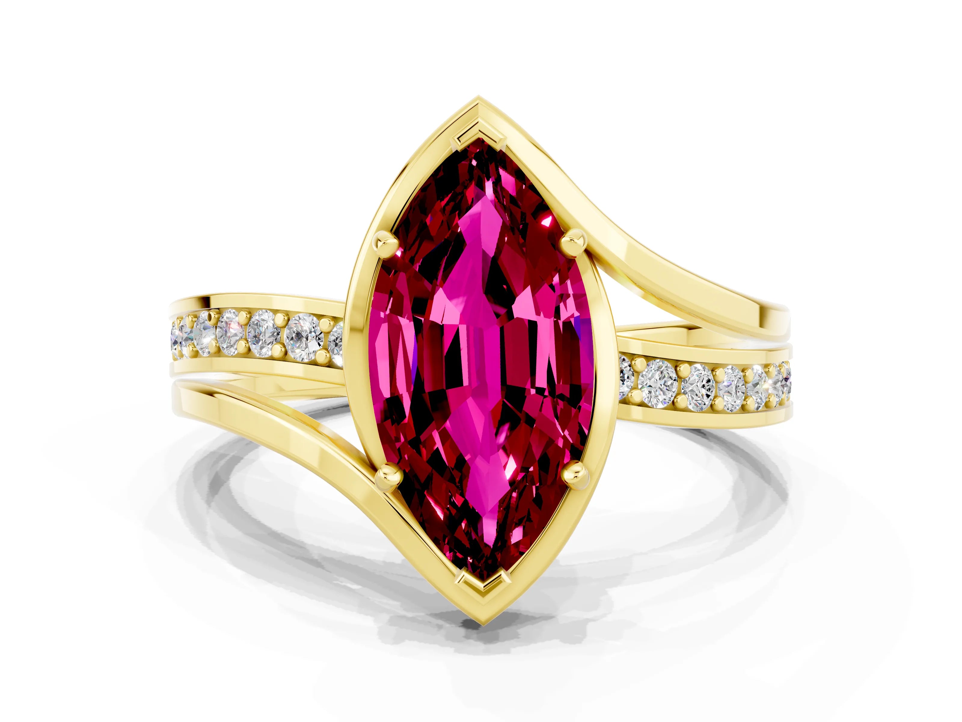 Yellow gold Marquise Cut Garnet Solitaire Ring with Split Shank and Prong Setting
