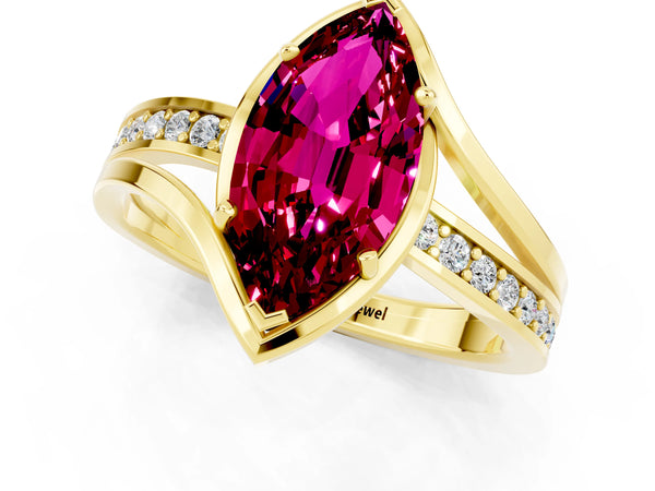 Yellow gold Marquise Cut Garnet Solitaire Ring with Split Shank and Prong Setting