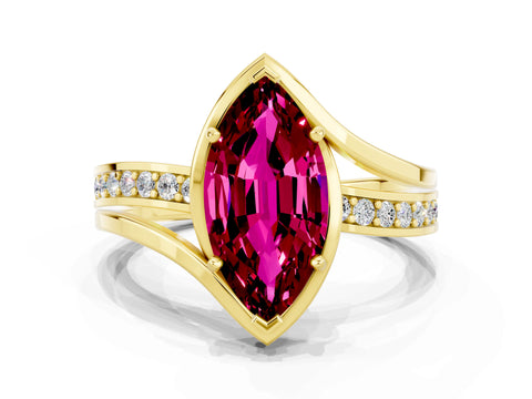 Yellow gold Marquise Cut Garnet Solitaire Ring with Split Shank and Prong Setting