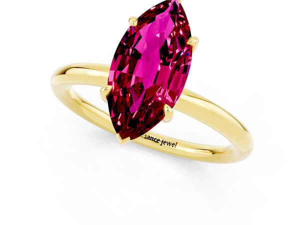 Yellow gold Marquise Cut Garnet Solitaire Ring with Thin Band and Four-Prong Setting