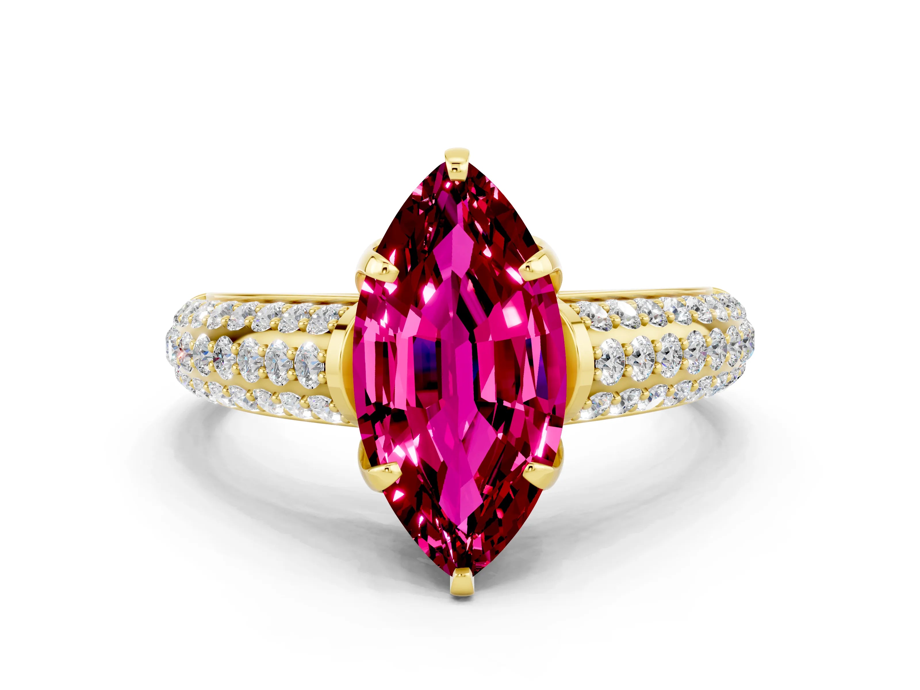 Yellow gold Marquise Cut Garnet Solitaire Ring with Three-Row Pavé Band and Four-Prong Setting_12