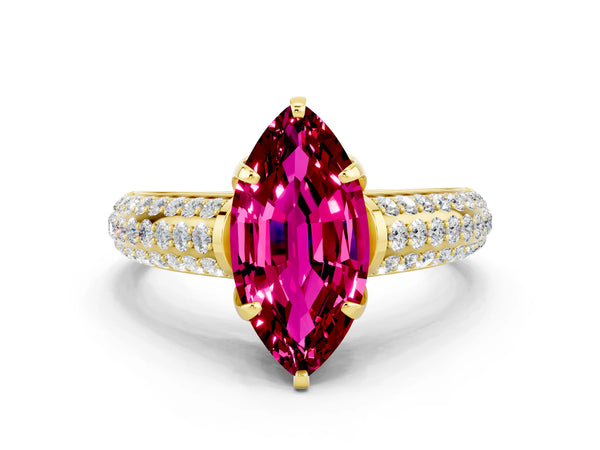Yellow gold Marquise Cut Garnet Solitaire Ring with Three-Row Pavé Band and Four-Prong Setting
