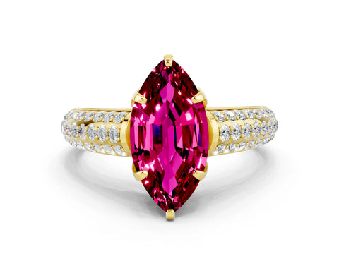 Yellow gold Marquise Cut Garnet Solitaire Ring with Three-Row Pavé Band and Four-Prong Setting_12