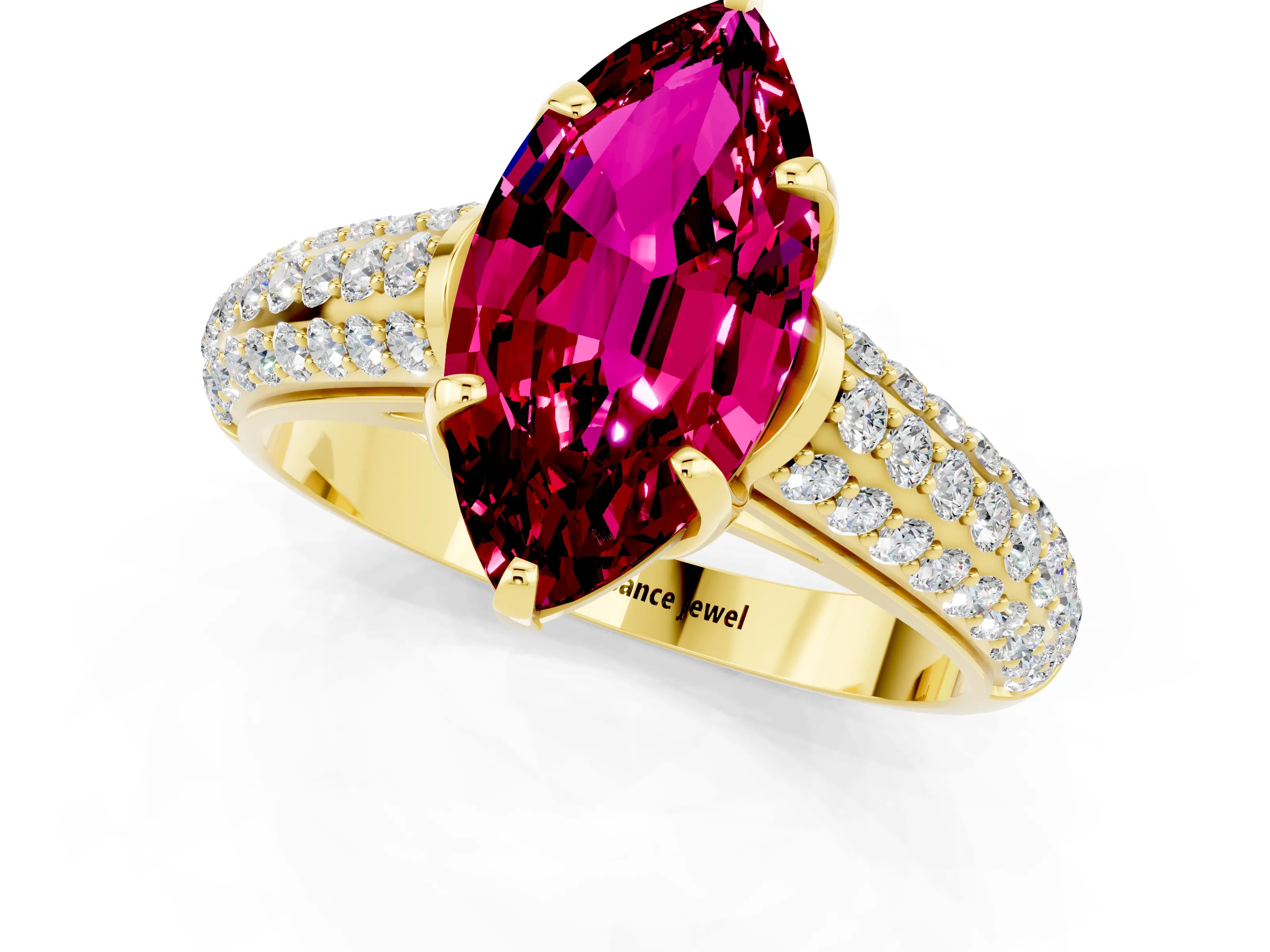Yellow gold Marquise Cut Garnet Solitaire Ring with Three-Row Pavé Band and Four-Prong Setting_13