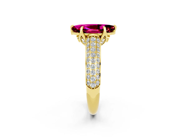 Yellow gold Marquise Cut Garnet Solitaire Ring with Three-Row Pavé Band and Four-Prong Setting
