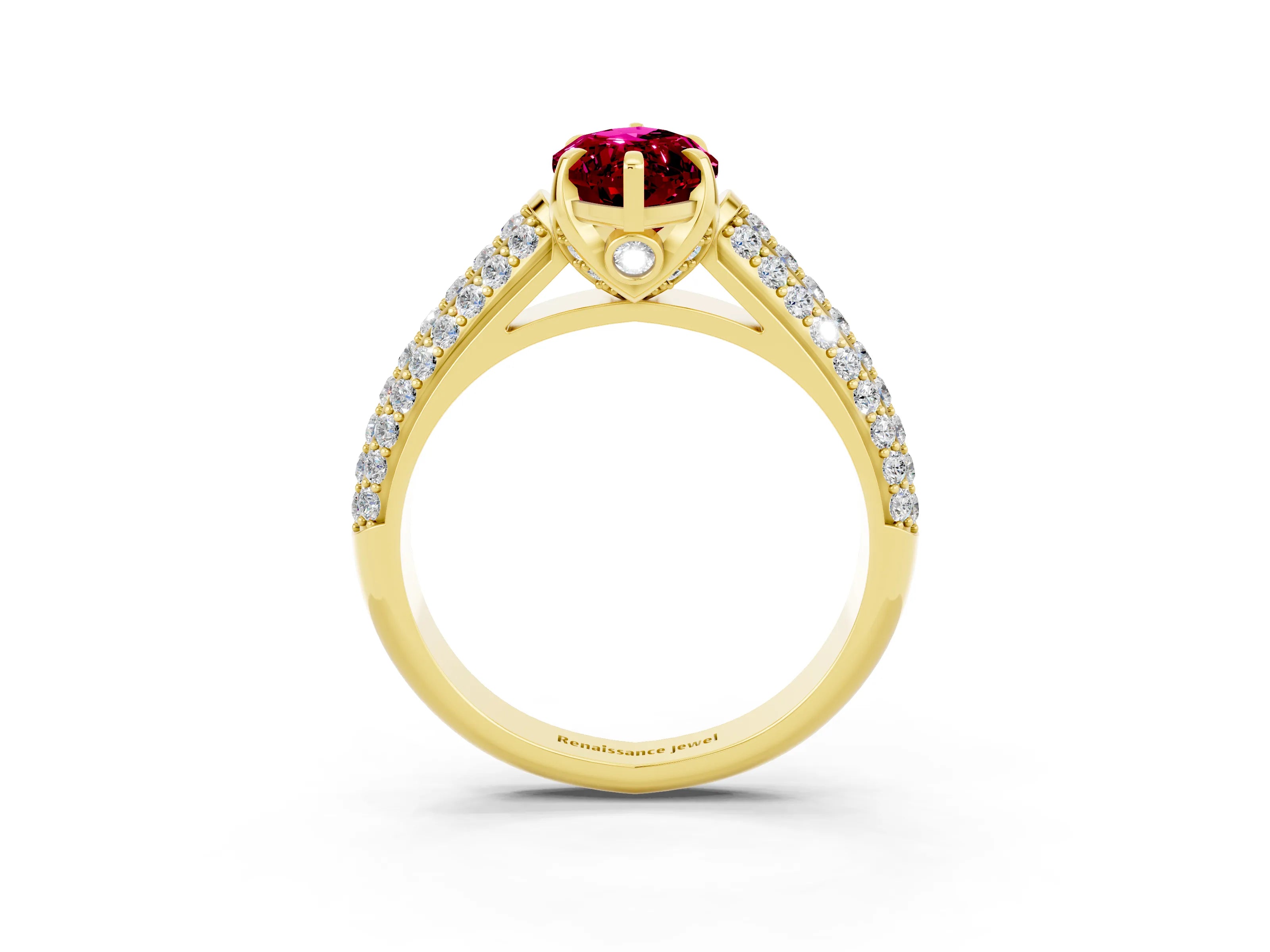 Yellow gold Marquise Cut Garnet Solitaire Ring with Three-Row Pavé Band and Four-Prong Setting_15