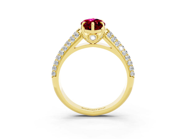 Yellow gold Marquise Cut Garnet Solitaire Ring with Three-Row Pavé Band and Four-Prong Setting