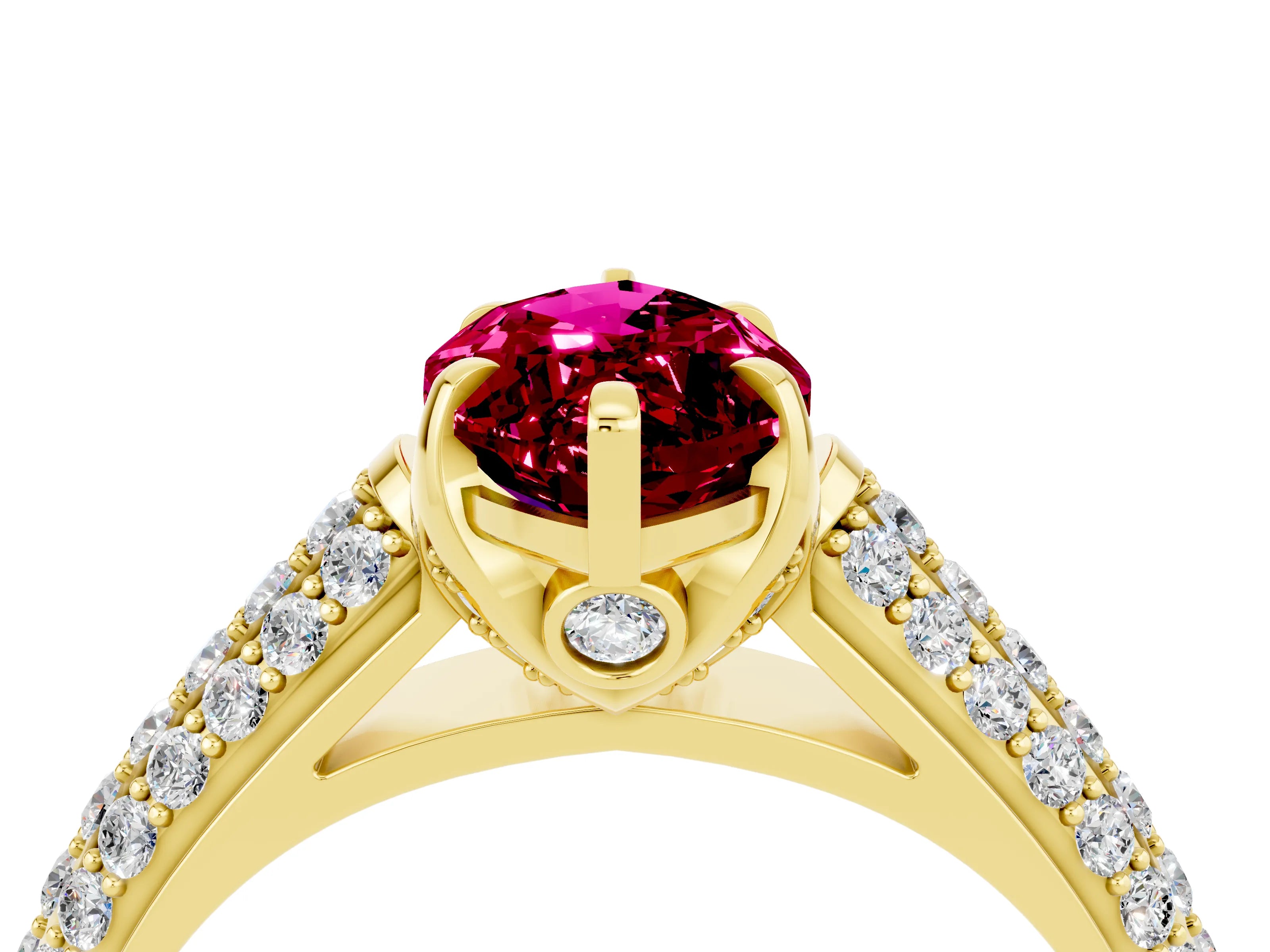 Yellow gold Marquise Cut Garnet Solitaire Ring with Three-Row Pavé Band and Four-Prong Setting_16
