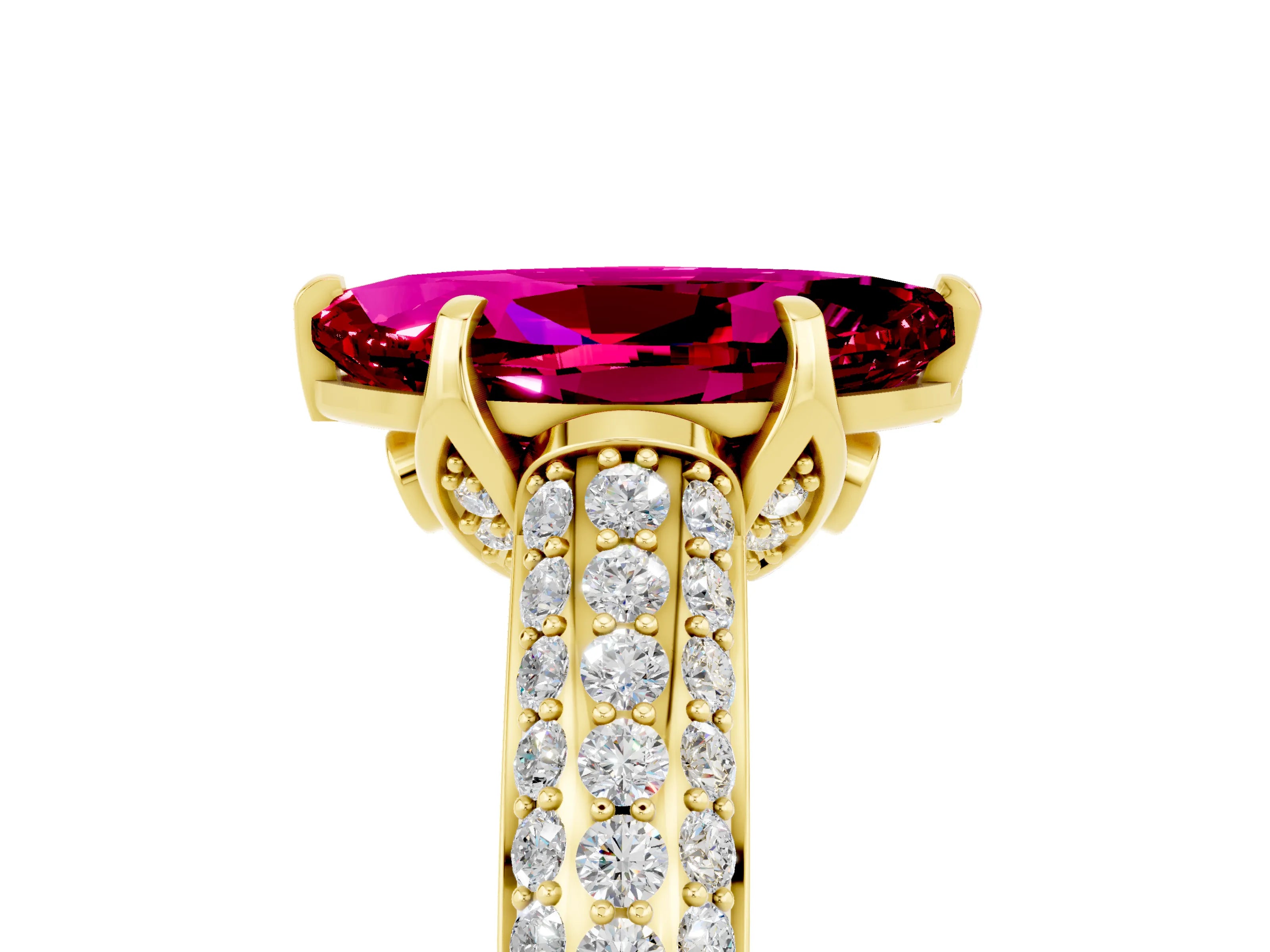 Yellow gold Marquise Cut Garnet Solitaire Ring with Three-Row Pavé Band and Four-Prong Setting_17