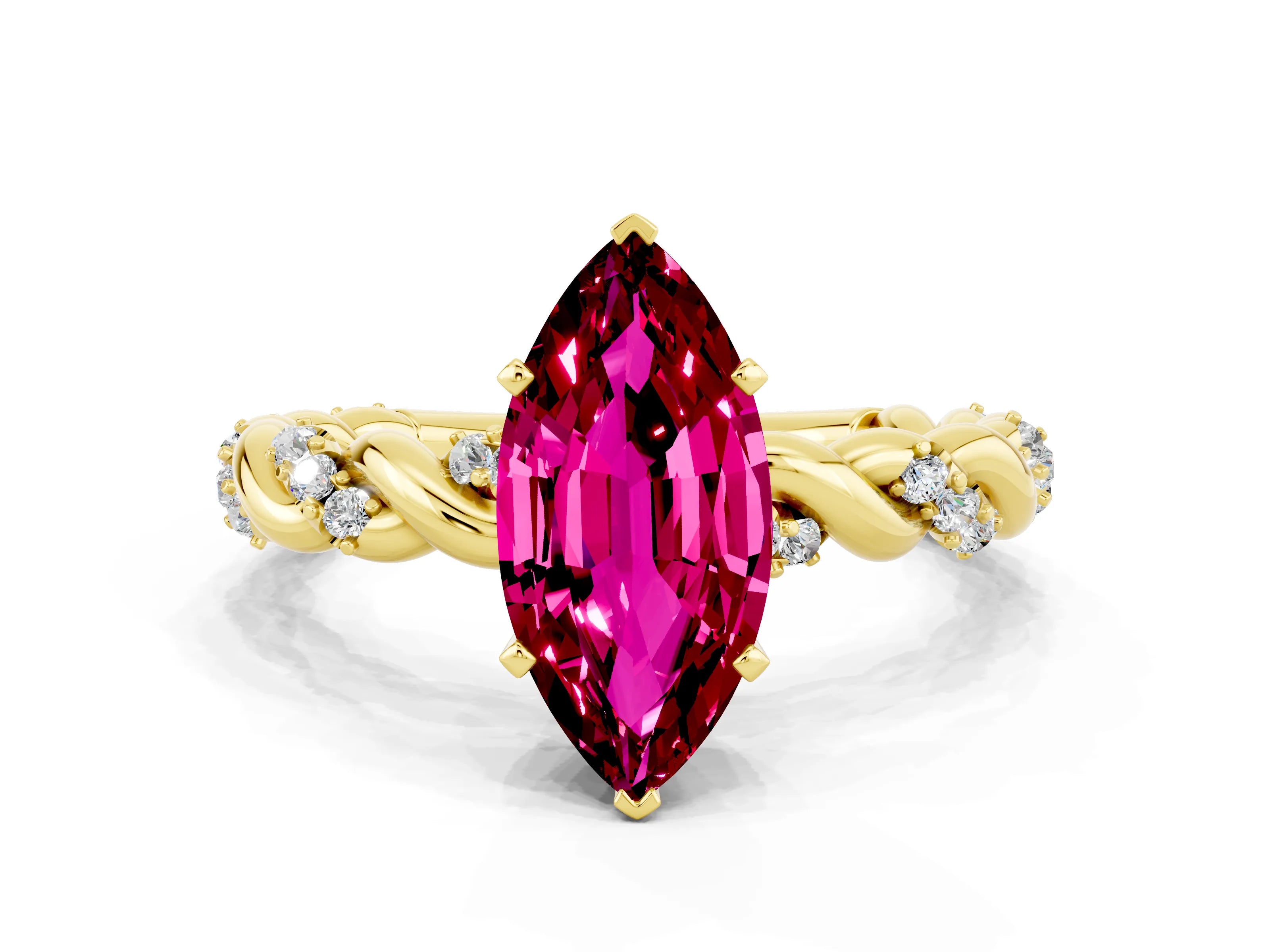 Yellow gold Marquise Cut Garnet Solitaire Ring with Twisted Band and Pavé Accents