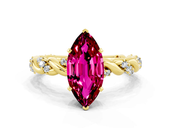 Yellow gold Marquise Cut Garnet Solitaire Ring with Twisted Band and Pavé Accents