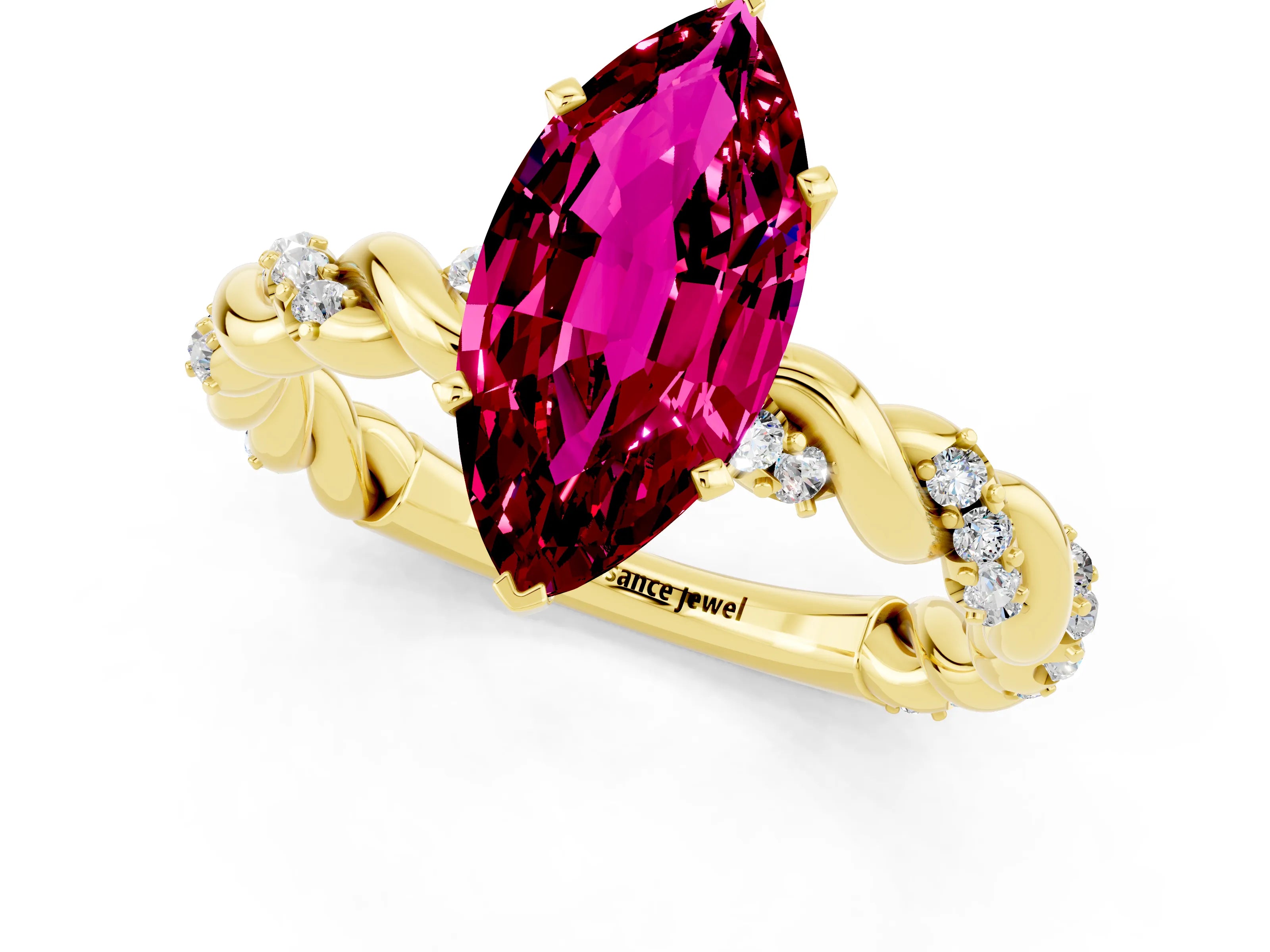 Yellow gold Marquise Cut Garnet Solitaire Ring with Twisted Band and Pavé Accents_1