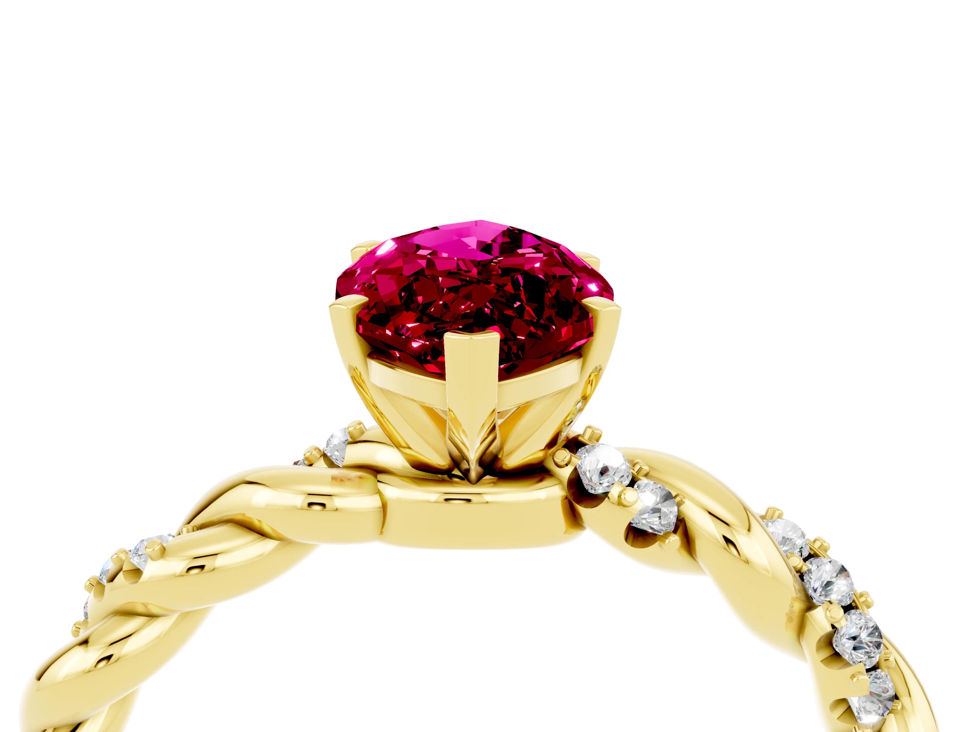 Yellow gold Marquise Cut Garnet Solitaire Ring with Twisted Band and Pavé Accents_4