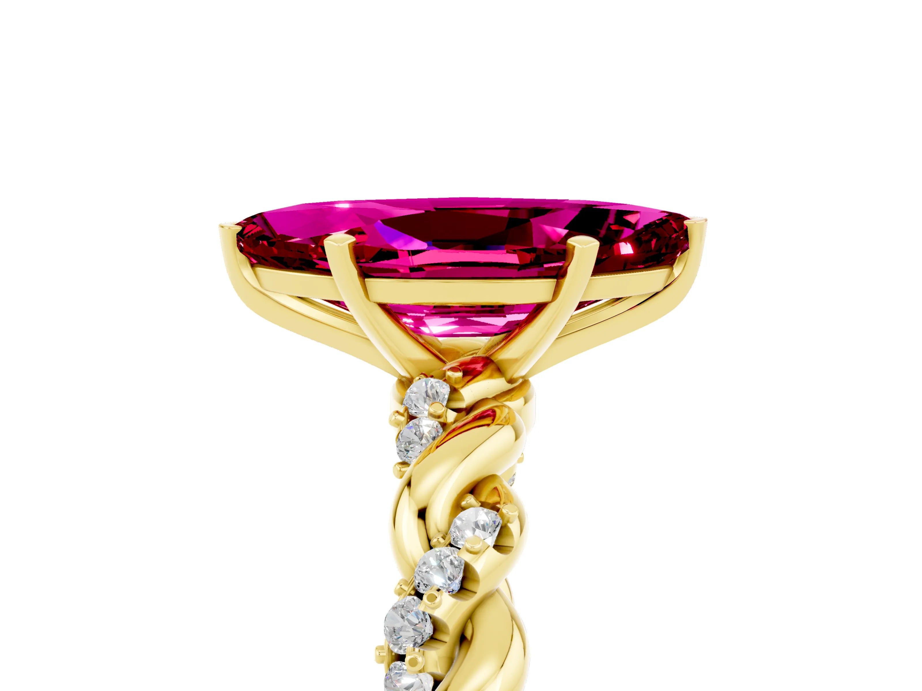 Yellow gold Marquise Cut Garnet Solitaire Ring with Twisted Band and Pavé Accents_5
