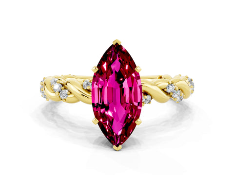 Yellow gold Marquise Cut Garnet Solitaire Ring with Twisted Band and Pavé Accents