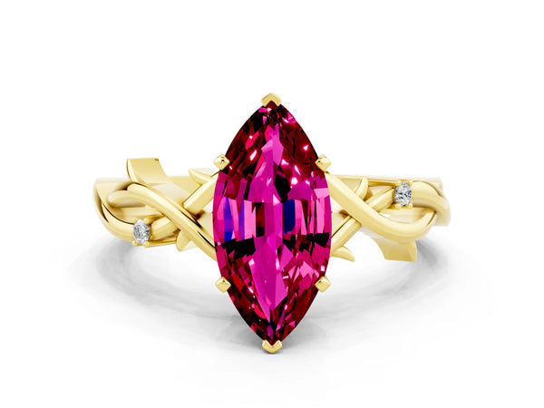 Yellow gold Marquise Cut Garnet Solitaire Ring with Twisted Band and Prong Setting