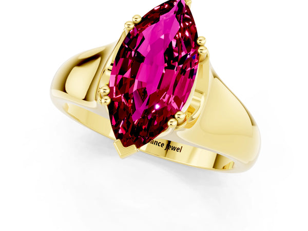 Yellow gold Marquise Cut Garnet Solitaire Ring with Wide Band and Prong Setting