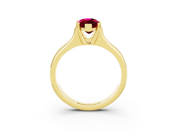 Yellow gold Marquise Cut Garnet Solitaire Ring with Wide Band and Prong Setting