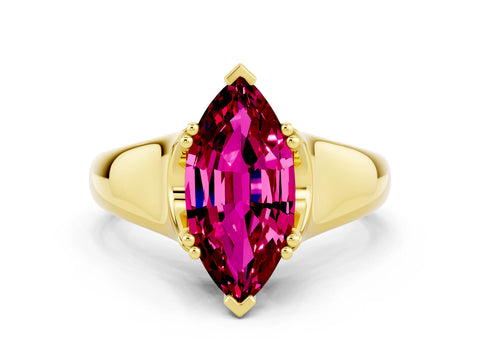 Yellow gold Marquise Cut Garnet Solitaire Ring with Wide Band and Prong Setting