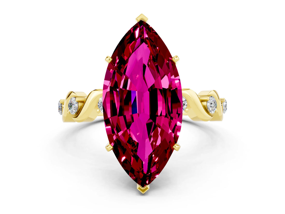 Yellow gold Marquise Cut Garnet Solitaire Twisted Band with Round  Accents and Prong Setting_12