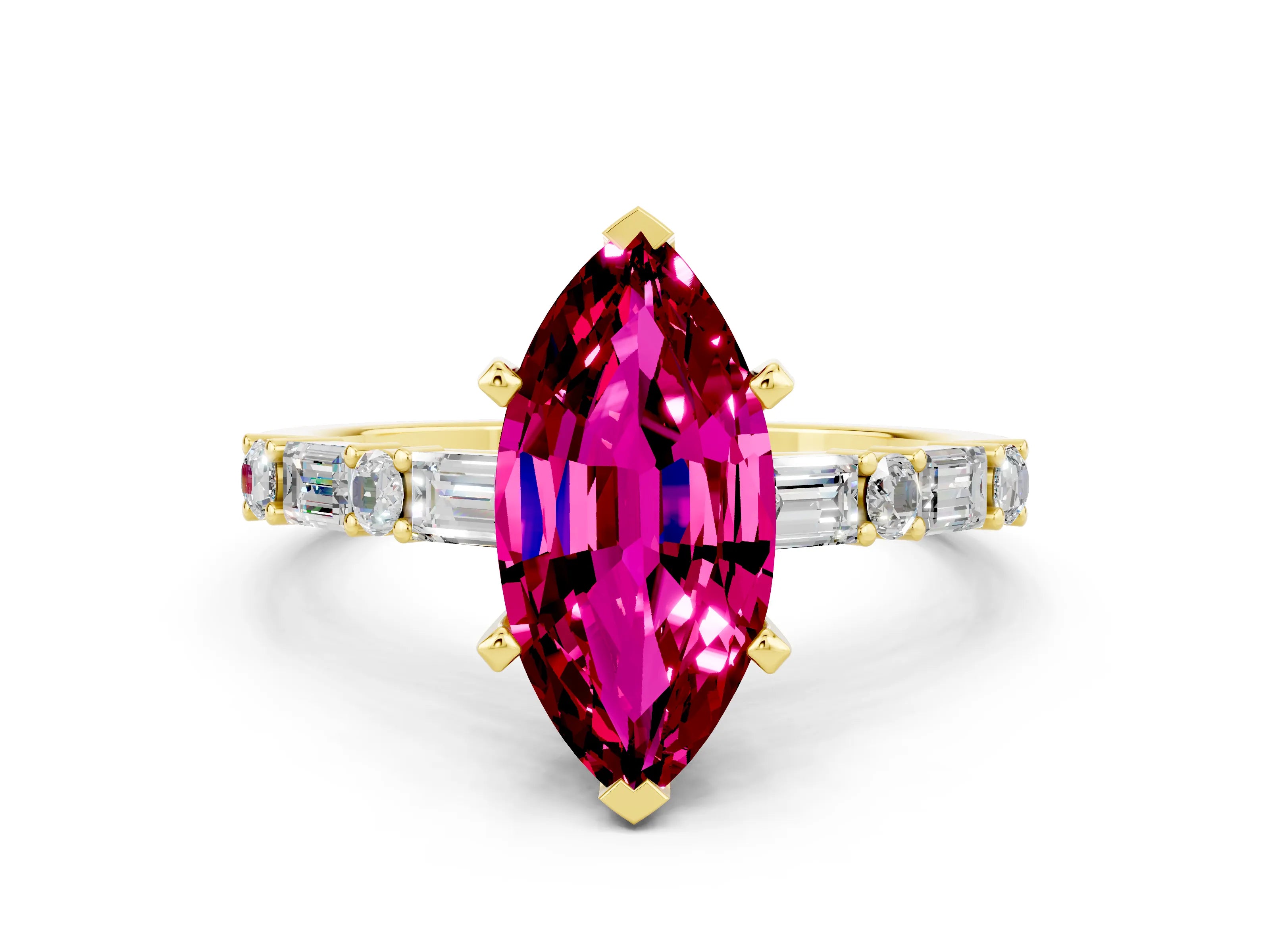 Yellow gold Marquise Cut Garnet Solitaire with Side Baguettes and Channel Set Band