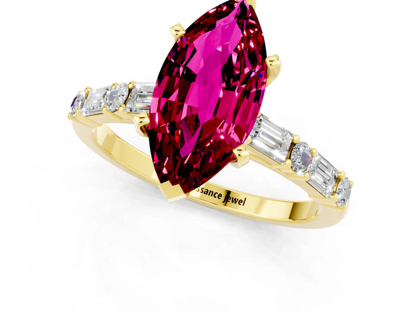 Yellow gold Marquise Cut Garnet Solitaire with Side Baguettes and Channel Set Band