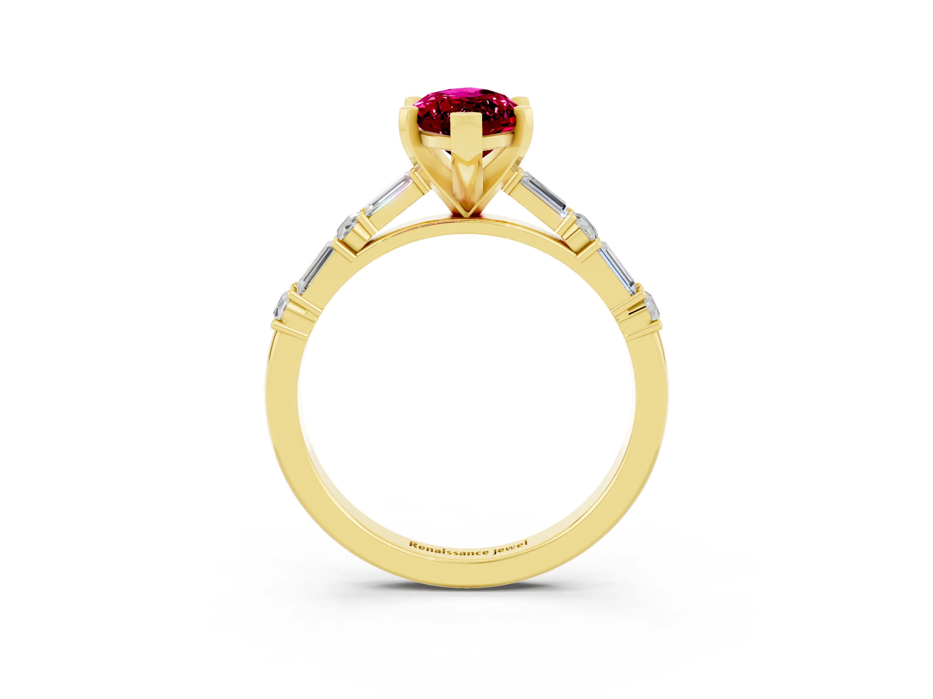 Yellow gold Marquise Cut Garnet Solitaire with Side Baguettes and Channel Set Band_3