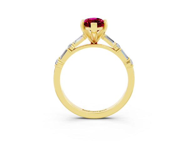 Yellow gold Marquise Cut Garnet Solitaire with Side Baguettes and Channel Set Band