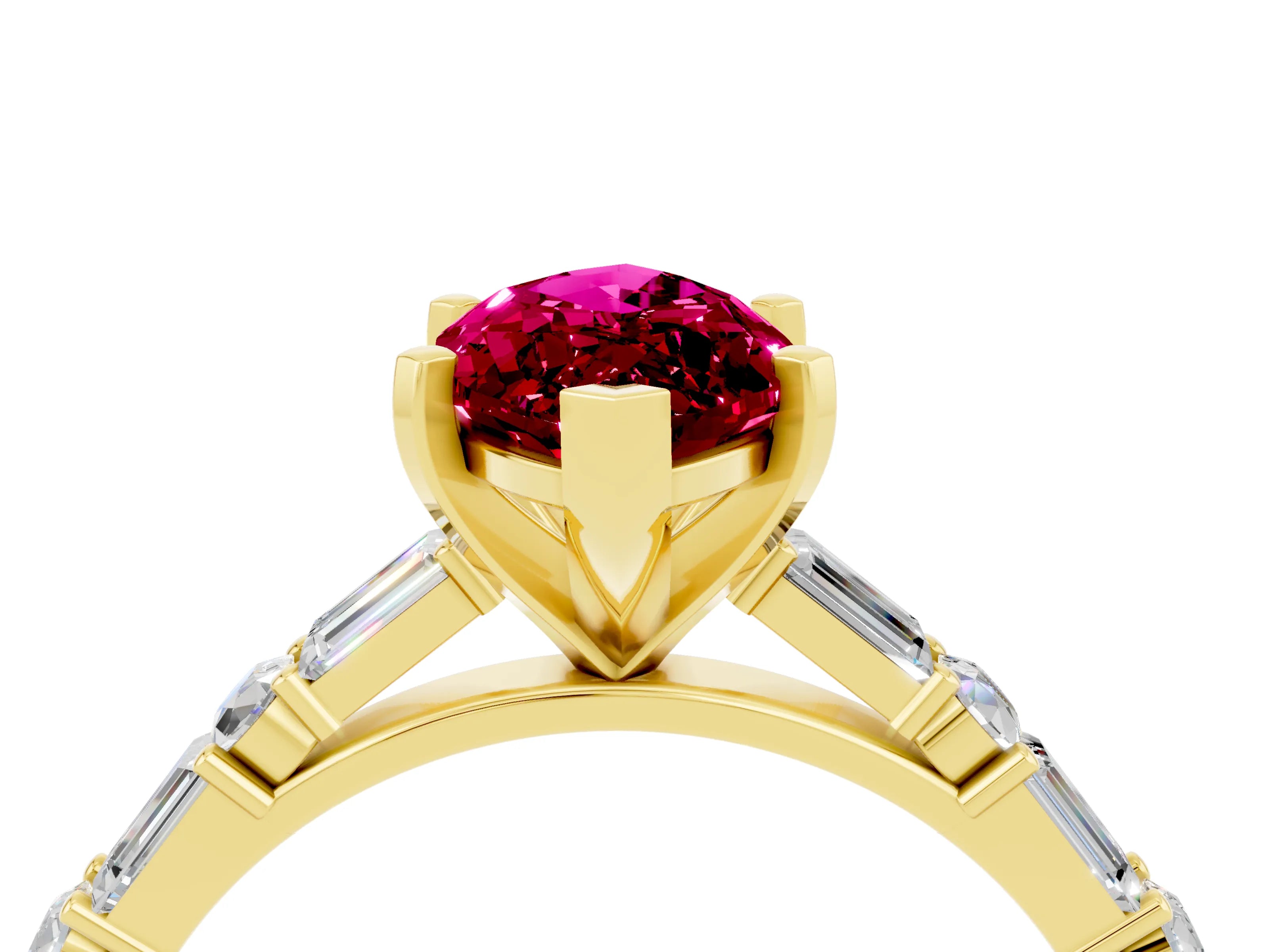 Yellow gold Marquise Cut Garnet Solitaire with Side Baguettes and Channel Set Band_4