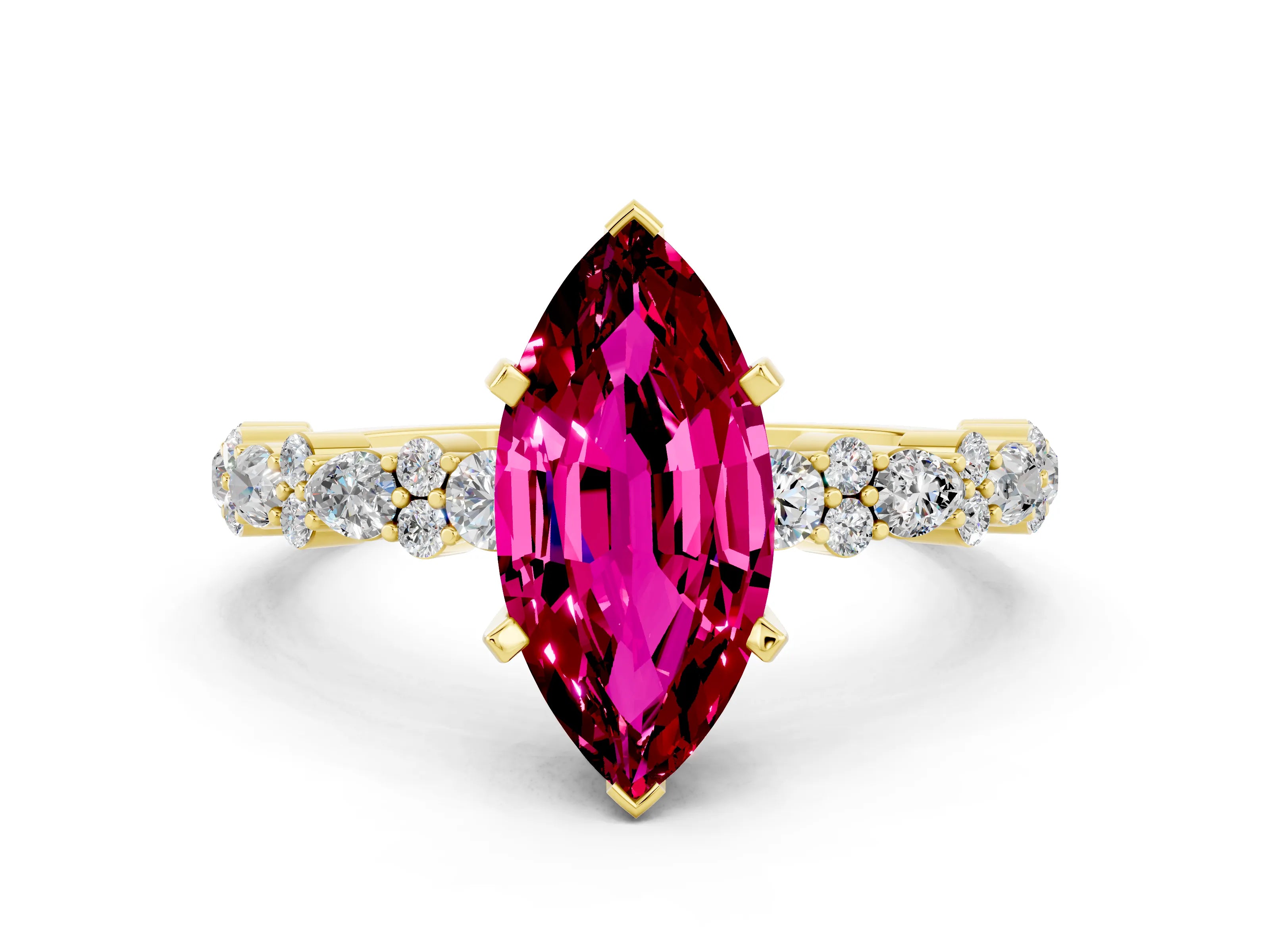 Yellow gold Marquise Cut Garnet Solitaire with Side Stones, Pave Band, Four-Prong Setting_24