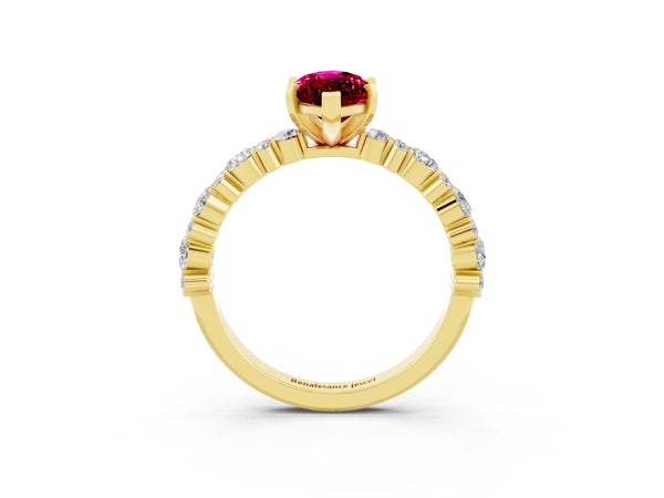 Yellow gold Marquise Cut Garnet Side Stone Solitaire Ring with Round  and Four-Prong Setting