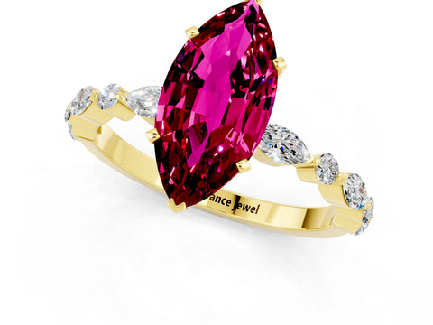 Yellow gold Marquise Cut Garnet Solitaire with Side Stones on a Pavé Band and Four-Prong Setting_1
