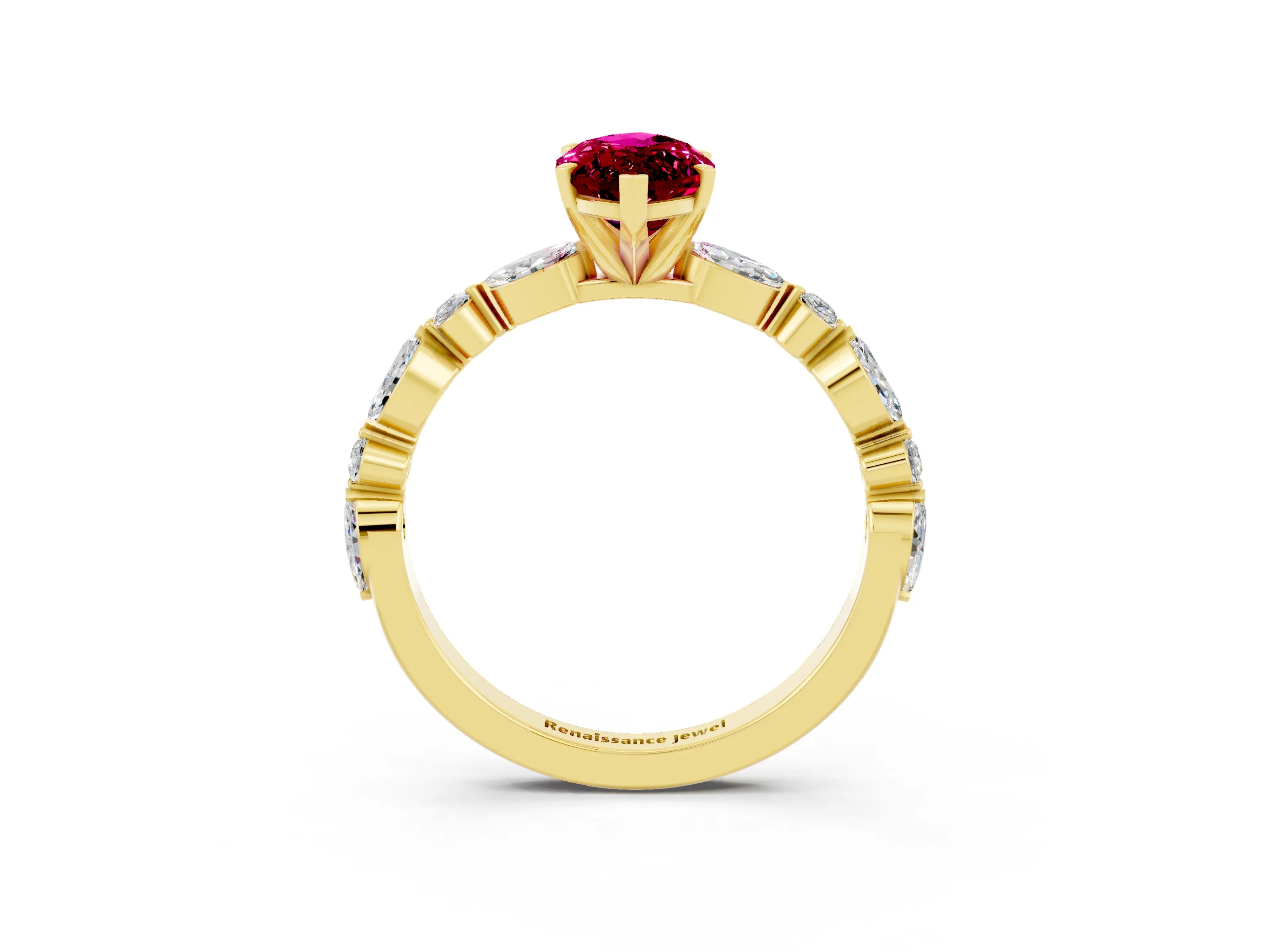 Yellow gold Marquise Cut Garnet Solitaire with Side Stones on a Pavé Band and Four-Prong Setting_3