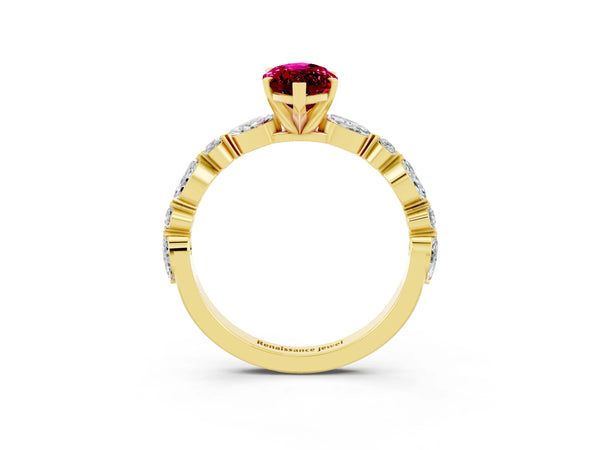 Yellow gold Marquise Cut Garnet Ring with Marquise and Round  Side Stones and Four-Prong Setting