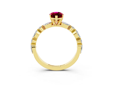 Yellow gold Marquise Cut Garnet Solitaire with Side Stones on a Pavé Band and Four-Prong Setting_3