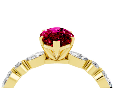 Yellow gold Marquise Cut Garnet Solitaire with Side Stones on a Pavé Band and Four-Prong Setting_4