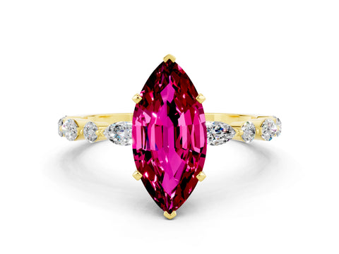 Yellow gold Marquise Cut Garnet Solitaire with Side Stones on a Pavé Band and Four-Prong Setting